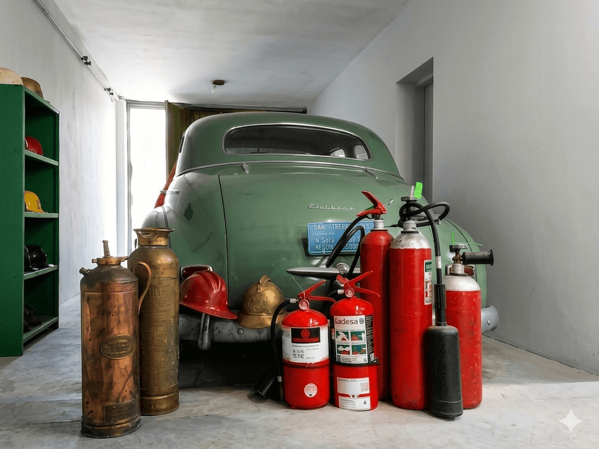 Matafuegos de distintos tipos listos para inspección en Casa Sener
